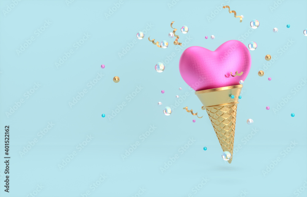 Poster sweet valentine's day background with heart shape on ice cream cone. 3d render.