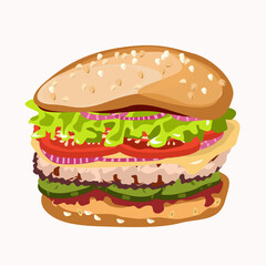 Hamburger with sesame and cheese and tomatoes
