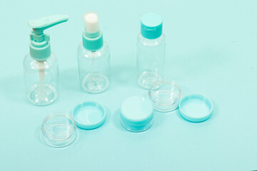 Plastic Clean Three blank bottles With Dispenser Pump and cream box 