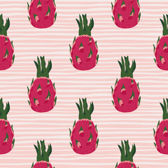 Abstract food seamless tropic pattern with thailand dragon fruit on striped background.