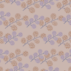 Pastel palette seamless pattern with simple blackberry branches shapes. Pale pink and blue tones artwork.