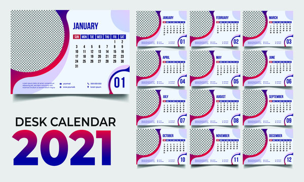 Desk Calendar 2021. Modern. Clean, colorful, and corporate Desk Calendar Design for 2021. Fully organized layers and easy to place the image. Size 8.2X5.8 inches and Print ready. Desk Calendar Design