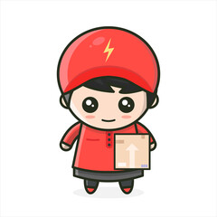 Cute Male Courier Fast Delivery Service. Express Delivery. Business Kawaii Stand With Box Brown Parcel Red Costume Uniform Mascot Character Cartoon Vector Illustration Flat Design Concept