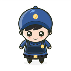 Basic RGBCute Police Man Officer Security Protection Defends Young Kawaii Stand With Blue Costume Uniform Mascot Character Cartoon Vector Illustration Flat Design Concept Isolated on White Background