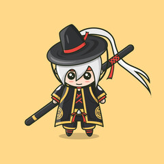 Cute Magician Hero Taoism,Taoist Male Kawaii Stands With Staff Magic Weapon and Chinese Robe Armor Costume. Mascot Character Cartoon. Vector Illustration, Flat Design Concept White Background