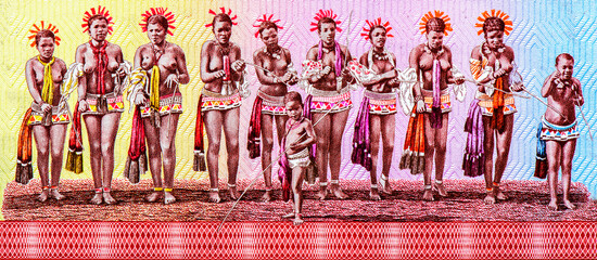 Nude princesses taking part in Ncwala - kingship ceremony Portrait from Swaziland 1 Lilangeni 1974...