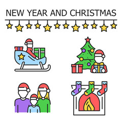 New year Christmas color line icons set. Pictograms for web page, mobile app, promo
