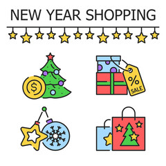 New year shopping color line icons set. Pictograms for web page, mobile app, promo,