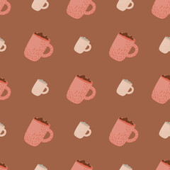 Pink cocoa cup simple seamless cozy pattern. Holiday drink ornament on brown pastel background.