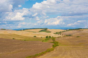 Fototapeta na wymiar The brown late summer landscape around Buonconvento in Siena Province, Tuscany, Italy 