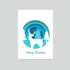 Christmas greeting card with reindeer and trees cartoon illustration. Vector illustration