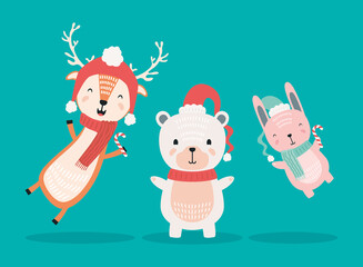 reindeer with polar bear and rabbit wearing christmas clothes characters