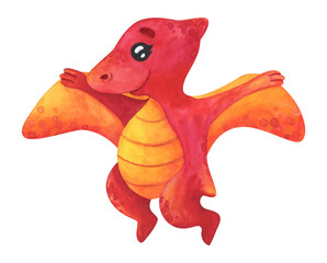 Red pterodactyl. Cartoon dinosaur with wings. Children's watercolor illustration isolated on a white background. Cute character for decor, sticker, print with historical animals © Анна Сухова