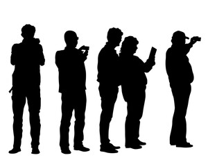 Photograph and photo camera on street. Isolated silhouettes of people on white background