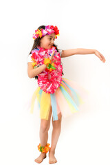Cute girl in Hawaiian style clothes on white background