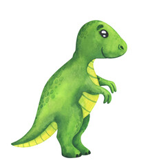Green t-Rex. Cartoon dinosaur with wings. Children's watercolor illustration isolated on a white background. Cute character for decor, sticker, print with historical animals
