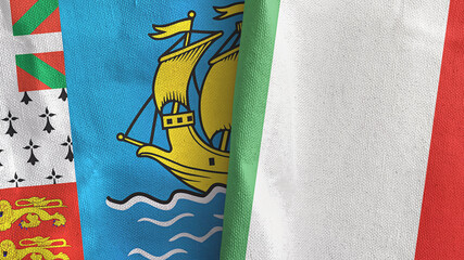 Italy and Saint Pierre and Miquelon two flags textile cloth 3D rendering
