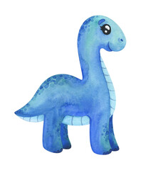 Blue Diplodocus. Cartoon dinosaur with wings. Children's watercolor illustration isolated on a white background. Cute character for decor, sticker, print with historical animals