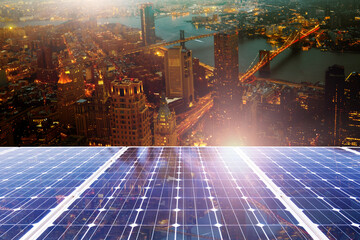 Solar panel over cityscapes, solar power green energy for life concept,New York City USA,