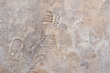 Snow melts on the asphalt. Footprints in the snow. Gray dirty snow. Melting snow texture. Thaw in winter. Winter abstraction