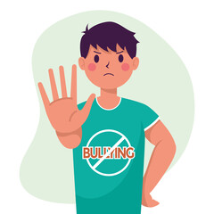 young man victim of bullying with hand stop and signal character