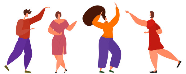 Active people dance merrily. Isolated on white. Vector in a flat style.