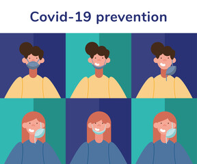 covid19 prevention infographics with people wearing medical masks and lettering