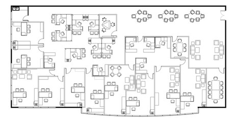An office layout drawing complete with the office furniture in 2D CAD drawing. Drawing in black in white. 