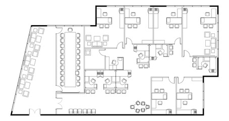 An office layout drawing complete with the office furniture in 2D CAD drawing. Drawing in black in white. 