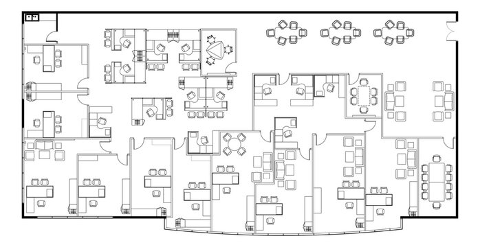 An Office Layout Drawing Complete With The Office Furniture In 2D CAD Drawing. Drawing In Black In White. 