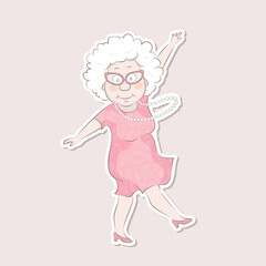 Sticker old woman dancing.Happy character design.Vector illustration in cartoon style.