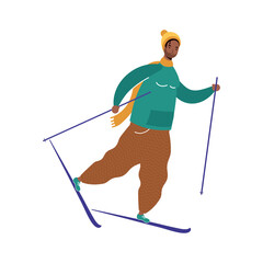 young afro man wearing winter clothes practicing ski