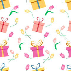 Seamless pattern with multicolored gift boxes and tulips.
