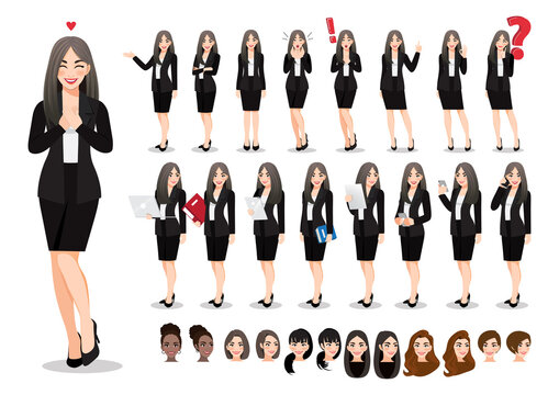 Businesswoman cartoon character set. Beautiful business woman in office style black suit. Vector illustration