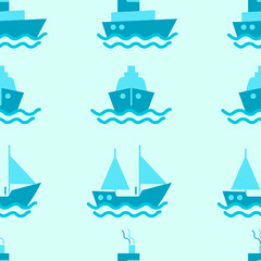 Vector seamless pattern with different boats in blue colors.