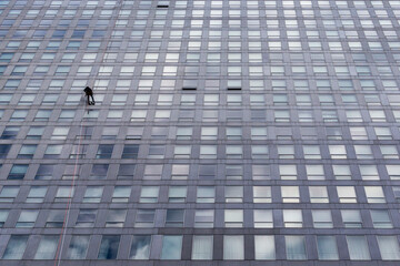 Window washer cleaning office building windows