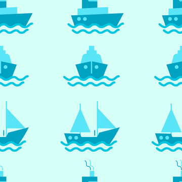 Vector seamless pattern with different boats in blue colors.
