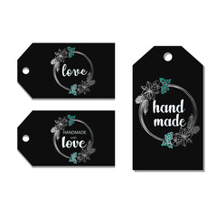 Sketch for your business. Labels with love hand drawn lettering stylish tags for your product. Black background with wreath