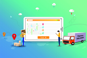 Business concept of delivery tracking, young man hold a smartphone to track the shipment and businessman hold a parcel to deliver the goods to customer in front of tablet that contain map and GPS.