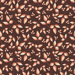 Seamless warm autumn pattern with leaves on brown background