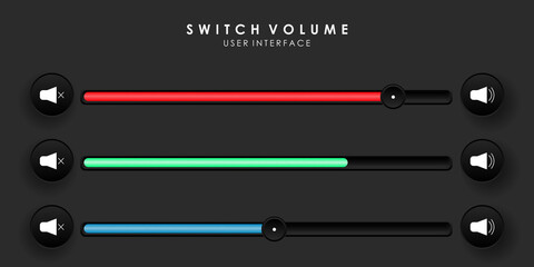Creative Sound / Volume Slider Bar User Interface in Neumorphism with 3  design. Simple, modern and minimalist. Smooth and soft 3D user interface. Dark mode. For website or apps. Vector Illustration. 