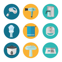 bundle of nine appliances and bathroom set flat style icons