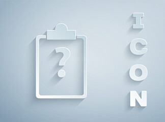 Paper cut Clipboard with question marks icon isolated on grey background. Survey, quiz, investigation, customer support questions concepts. Paper art style. Vector Illustration.