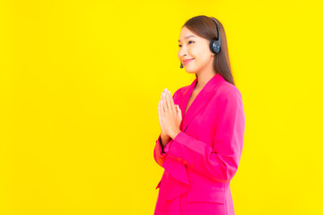 Portrait beautiful young asian woman with headset and headphone for call center contact