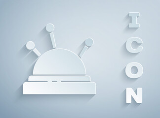 Paper cut Needle bed and needles icon isolated on grey background. Handmade and sewing theme. Paper art style. Vector Illustration.