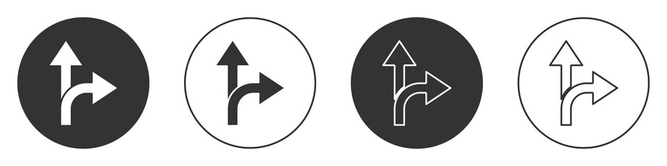 Black Road traffic sign. Signpost icon isolated on white background. Pointer symbol. Isolated street information sign. Direction sign. Circle button. Vector Illustration.