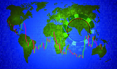 Business finance. Background illustration of digital processes. The blue background shows digital codes that change color along the contour of the continents. The digital world we live in.