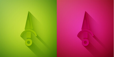 Paper cut Dagger icon isolated on green and pink background. Knife icon. Sword with sharp blade. Paper art style. Vector.