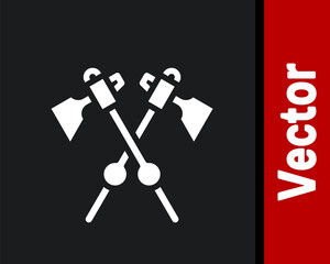 White Crossed medieval axes icon isolated on black background. Battle axe, executioner axe. Medieval weapon. Vector.