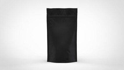 Tall black doy pack coffee bag for beans with zipper mockup 3d rendering image isolated top view on white background